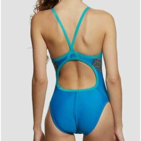 $49 Speedo Women's Blue Splice Flyback One-Piece Swimsuit Size 24 - Picture 2 of 3